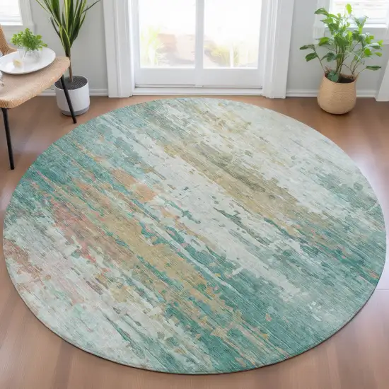 8' Teal Blue And Beige Round Abstract Washable Indoor Outdoor Area Rug Photo 5