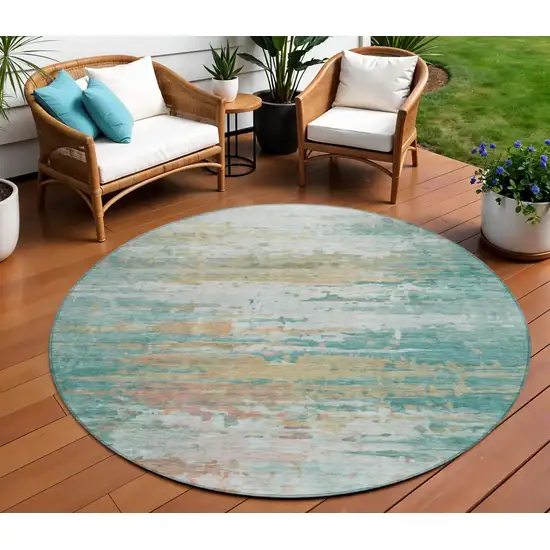 8' Teal Blue And Beige Round Abstract Washable Indoor Outdoor Area Rug Photo 2
