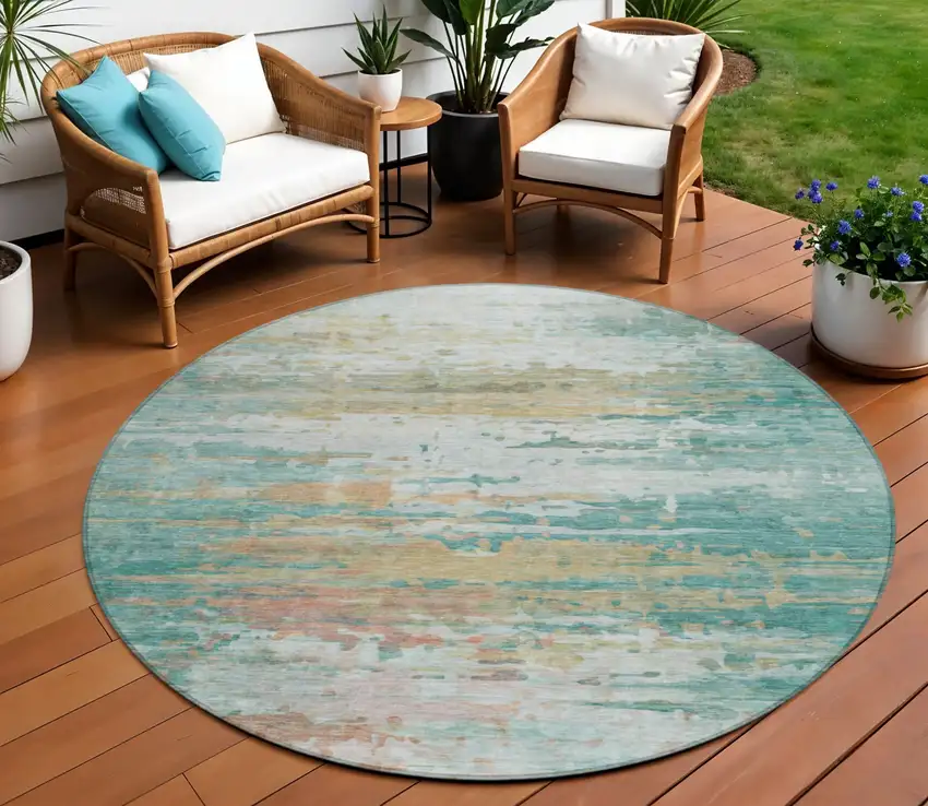 8' Teal Blue And Beige Round Abstract Washable Indoor Outdoor Area Rug Photo 2