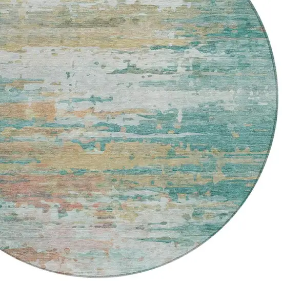 8' Teal Blue And Beige Round Abstract Washable Indoor Outdoor Area Rug Photo 9