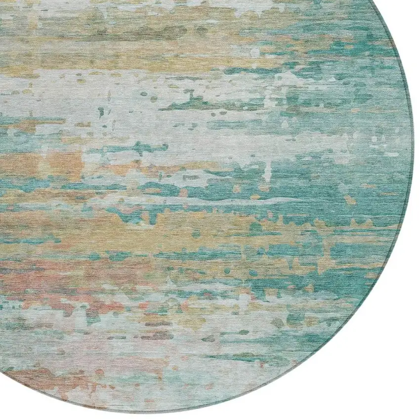 8' Teal Blue And Beige Round Abstract Washable Indoor Outdoor Area Rug Photo 9
