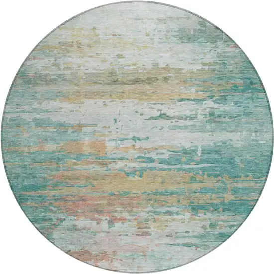 8' Teal Blue And Beige Round Abstract Washable Indoor Outdoor Area Rug Photo 1