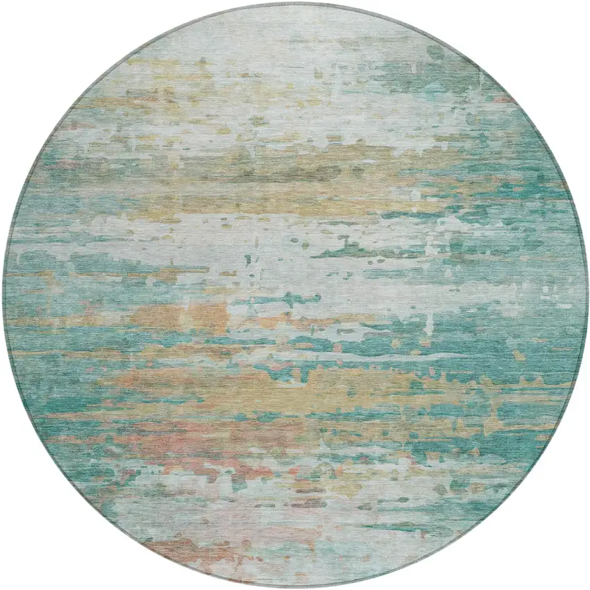 8' Teal Blue And Beige Round Abstract Washable Indoor Outdoor Area Rug Photo 1