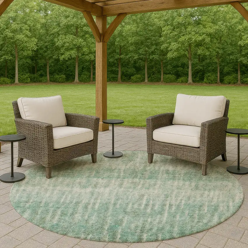8' Teal Blue And Beige Round Abstract Washable Indoor Outdoor Area Rug Photo 7
