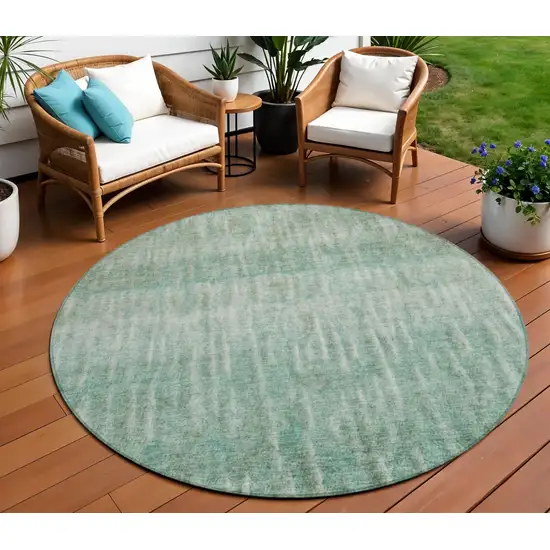 8' Teal Blue And Beige Round Abstract Washable Indoor Outdoor Area Rug Photo 1