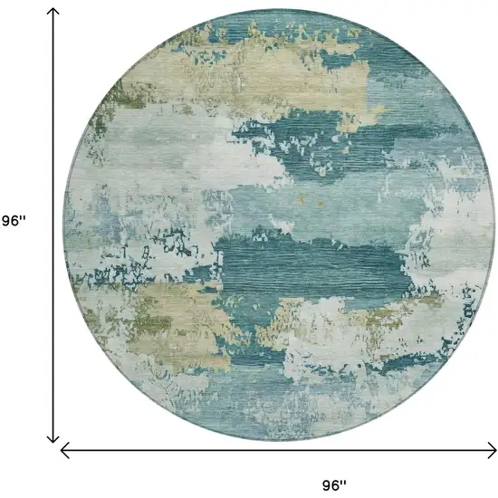 8' Teal Blue And Beige Round Abstract Washable Indoor Outdoor Area Rug Photo 7