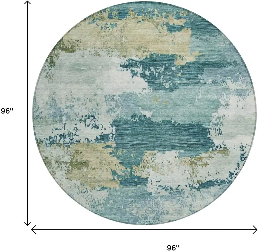 8' Teal Blue And Beige Round Abstract Washable Indoor Outdoor Area Rug Photo 7