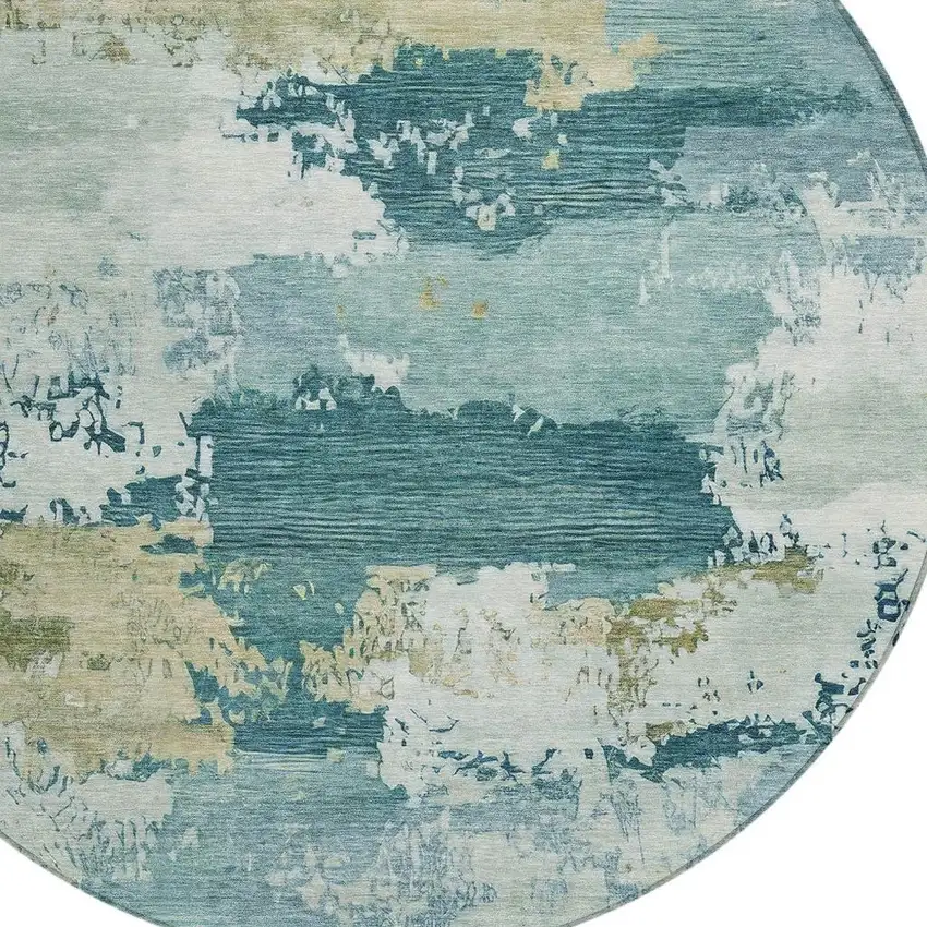 8' Teal Blue And Beige Round Abstract Washable Indoor Outdoor Area Rug Photo 2