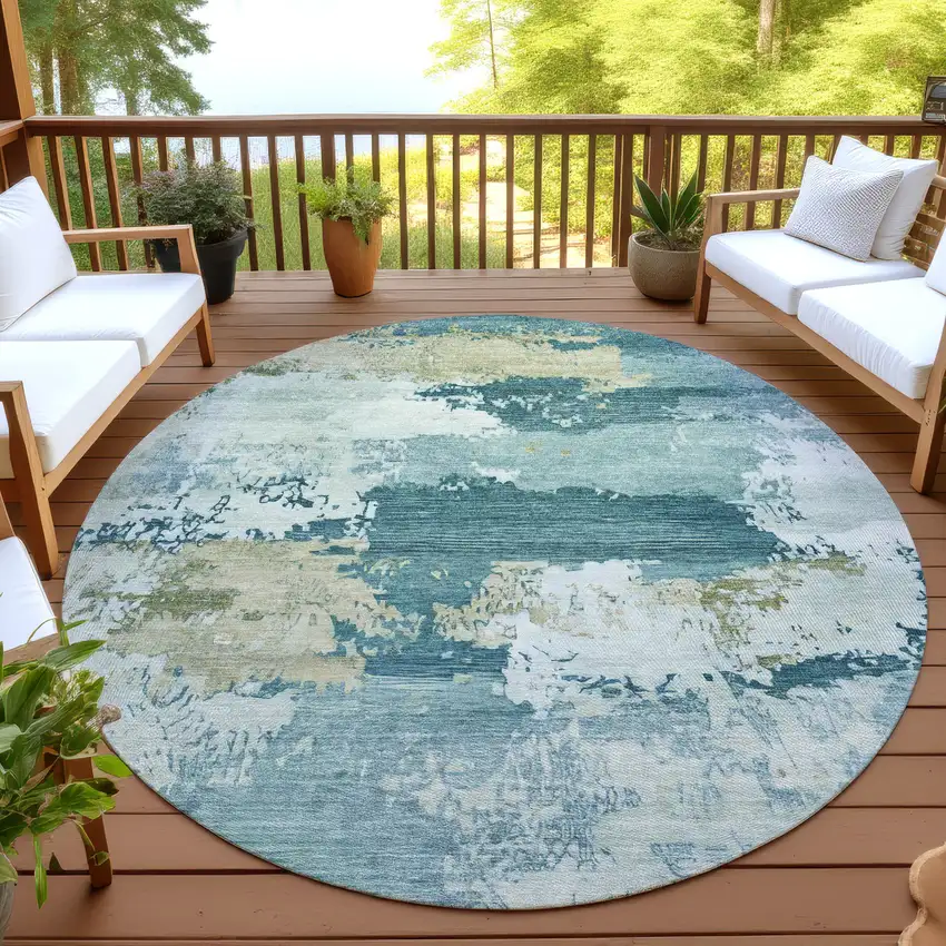 8' Teal Blue And Beige Round Abstract Washable Indoor Outdoor Area Rug Photo 4
