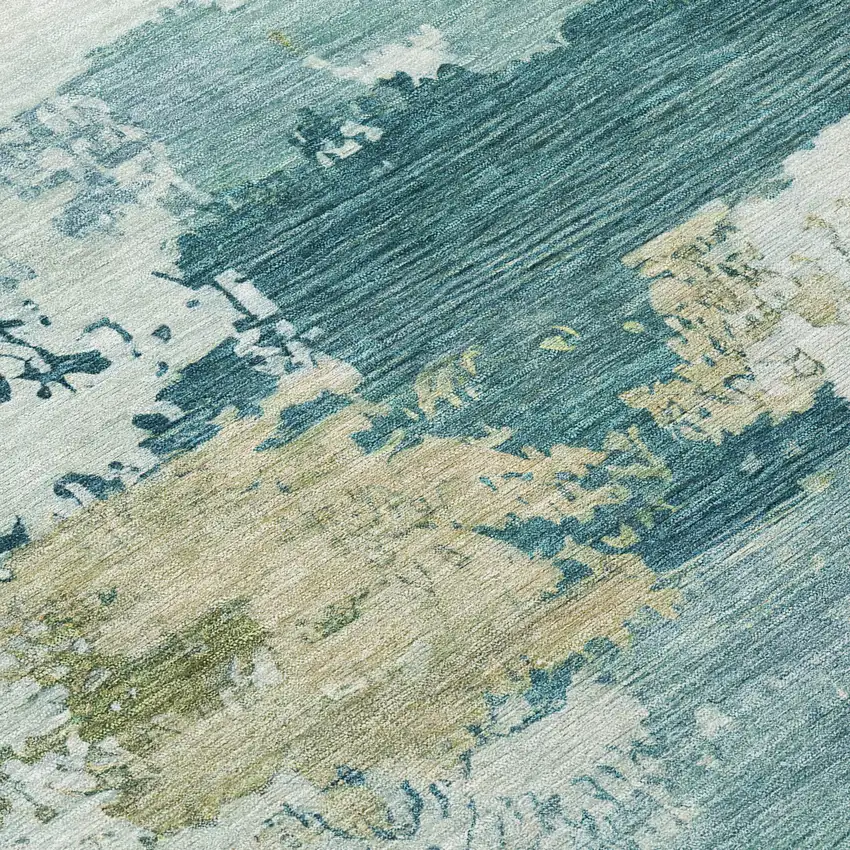 8' Teal Blue And Beige Round Abstract Washable Indoor Outdoor Area Rug Photo 9