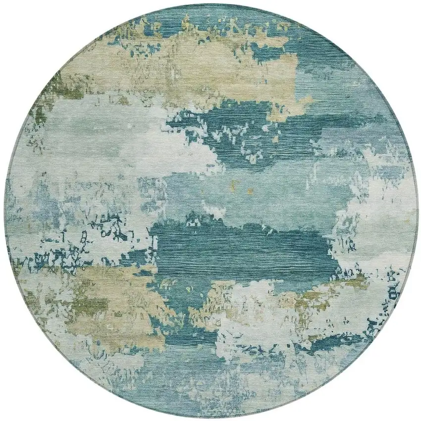 8' Teal Blue And Beige Round Abstract Washable Indoor Outdoor Area Rug Photo 3