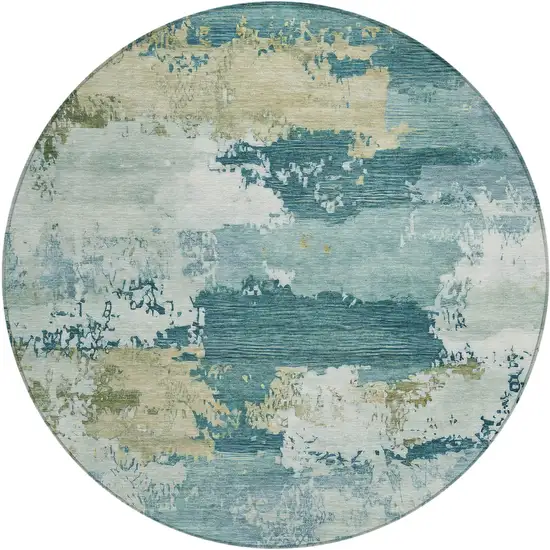 8' Teal Blue And Beige Round Abstract Washable Indoor Outdoor Area Rug Photo 1