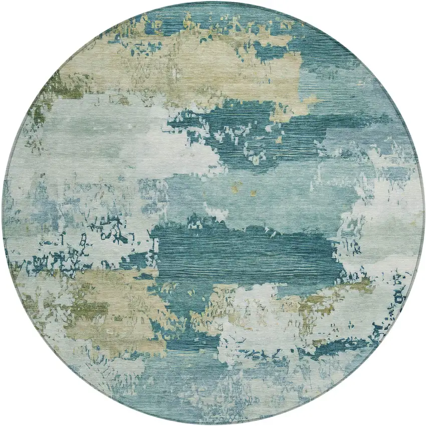8' Teal Blue And Beige Round Abstract Washable Indoor Outdoor Area Rug Photo 1