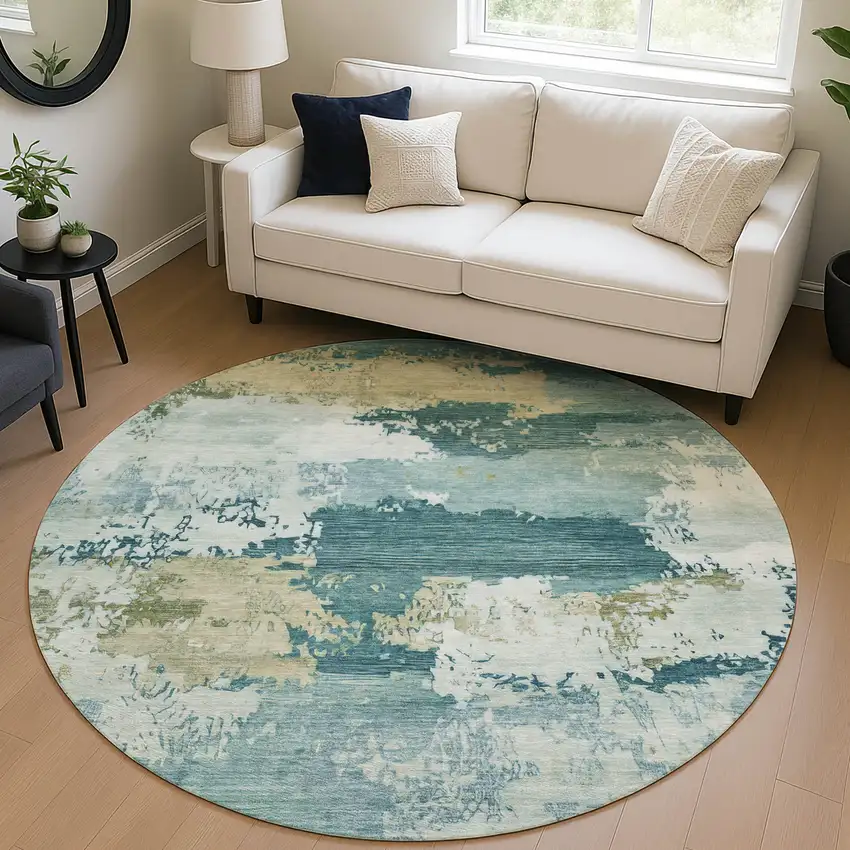 8' Teal Blue And Beige Round Abstract Washable Indoor Outdoor Area Rug Photo 5