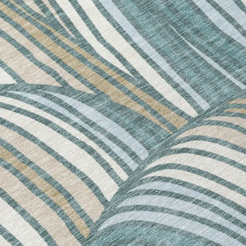 8' Teal Blue And Beige Round Abstract Washable Indoor Outdoor Area Rug Photo 7