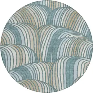Photo of 8' Teal Blue And Beige Round Abstract Washable Indoor Outdoor Area Rug