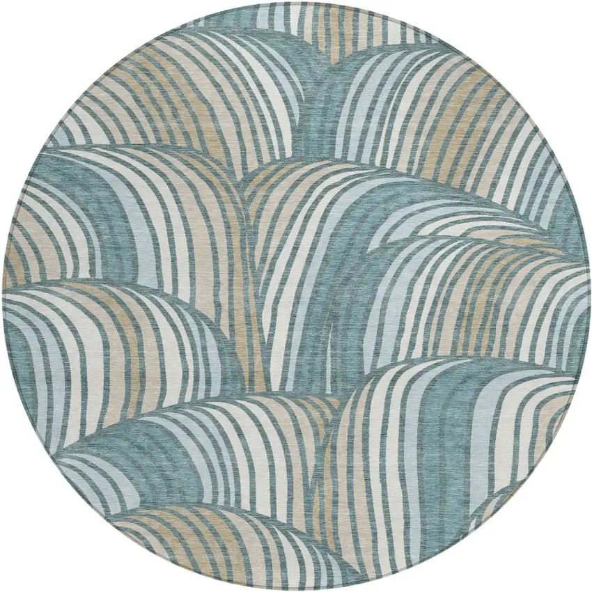 8' Teal Blue And Beige Round Abstract Washable Indoor Outdoor Area Rug Photo 1