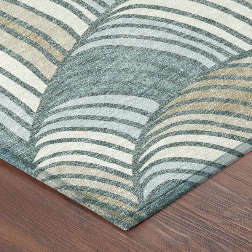 8' Teal Blue And Beige Round Abstract Washable Indoor Outdoor Area Rug Photo 6