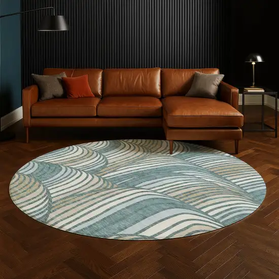 8' Teal Blue And Beige Round Abstract Washable Indoor Outdoor Area Rug Photo 5