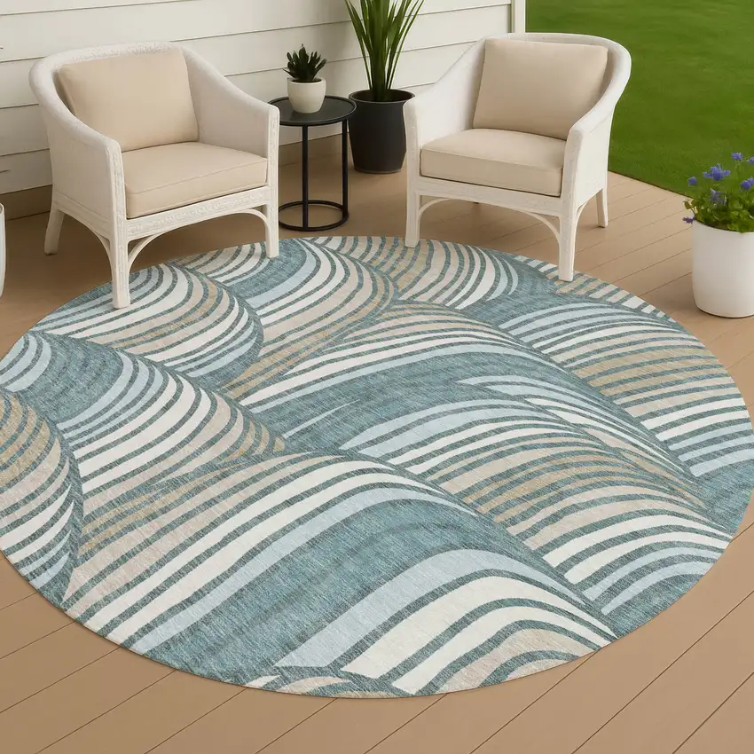 8' Teal Blue And Beige Round Abstract Washable Indoor Outdoor Area Rug Photo 4