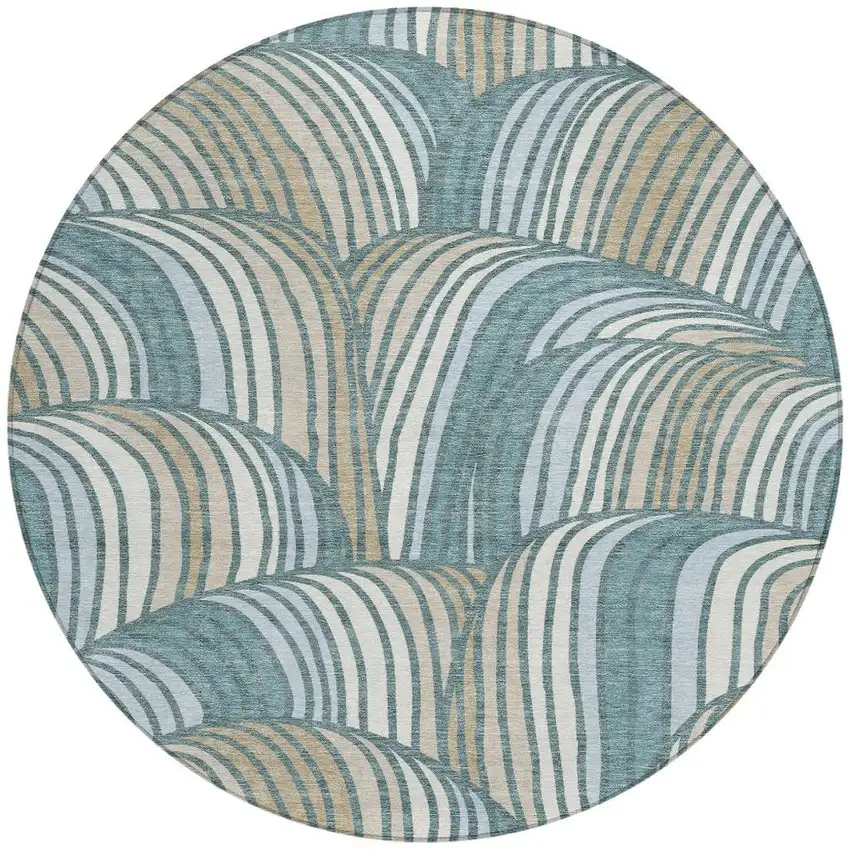 8' Teal Blue And Beige Round Abstract Washable Indoor Outdoor Area Rug Photo 3