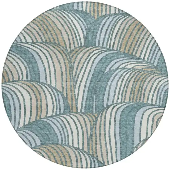 8' Teal Blue And Beige Round Abstract Washable Indoor Outdoor Area Rug Photo 3