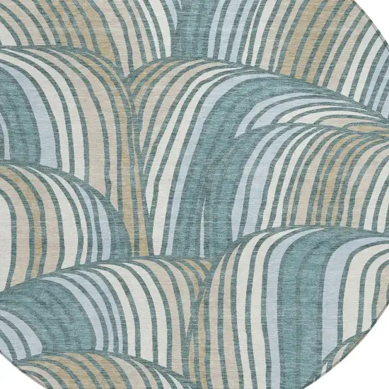 8' Teal Blue And Beige Round Abstract Washable Indoor Outdoor Area Rug Photo 2