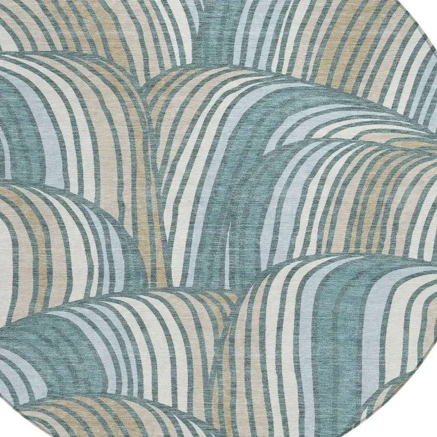 8' Teal Blue And Beige Round Abstract Washable Indoor Outdoor Area Rug Photo 2