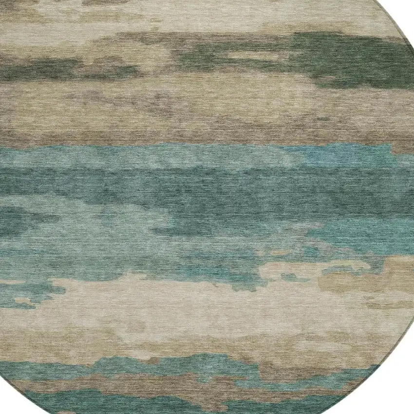 8' Teal Blue And Beige Round Abstract Washable Indoor Outdoor Area Rug Photo 4