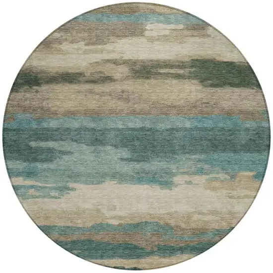 8' Teal Blue And Beige Round Abstract Washable Indoor Outdoor Area Rug Photo 3