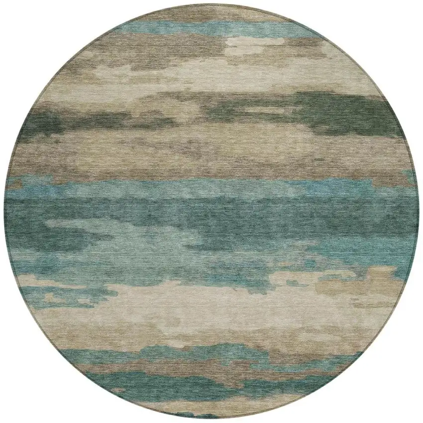 8' Teal Blue And Beige Round Abstract Washable Indoor Outdoor Area Rug Photo 3