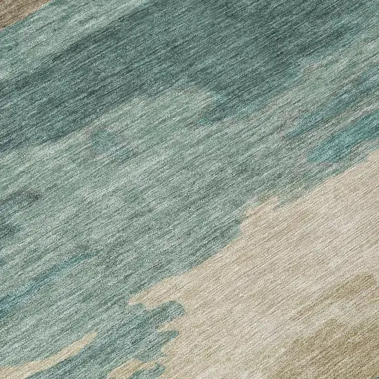 8' Teal Blue And Beige Round Abstract Washable Indoor Outdoor Area Rug Photo 6