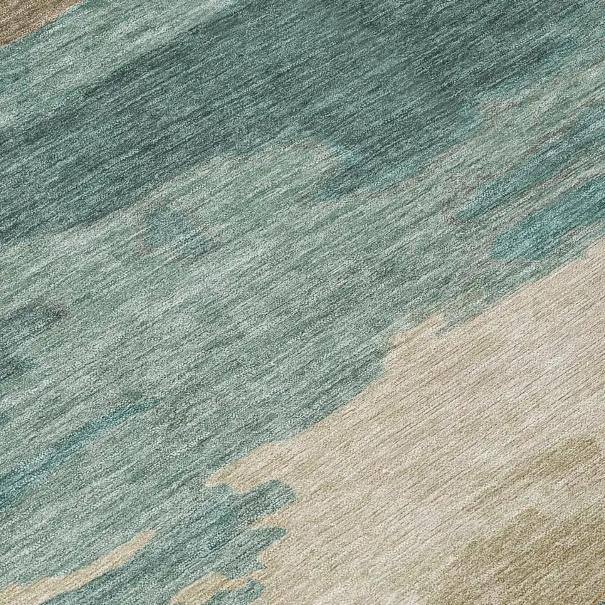 8' Teal Blue And Beige Round Abstract Washable Indoor Outdoor Area Rug Photo 6
