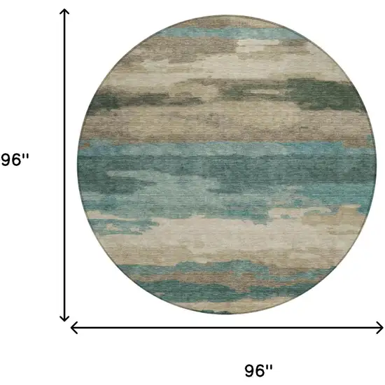 8' Teal Blue And Beige Round Abstract Washable Indoor Outdoor Area Rug Photo 7