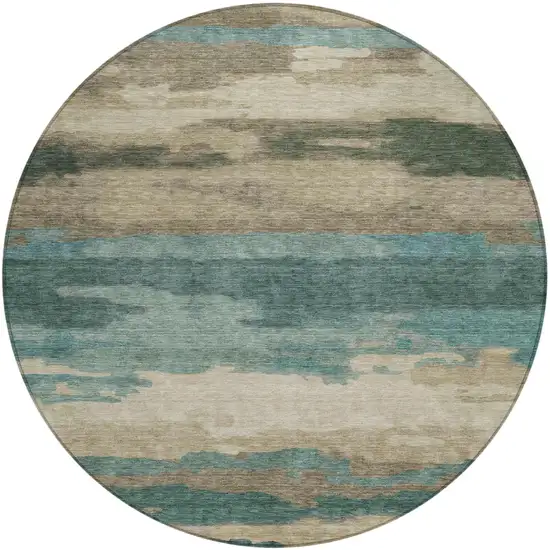 8' Teal Blue And Beige Round Abstract Washable Indoor Outdoor Area Rug Photo 1