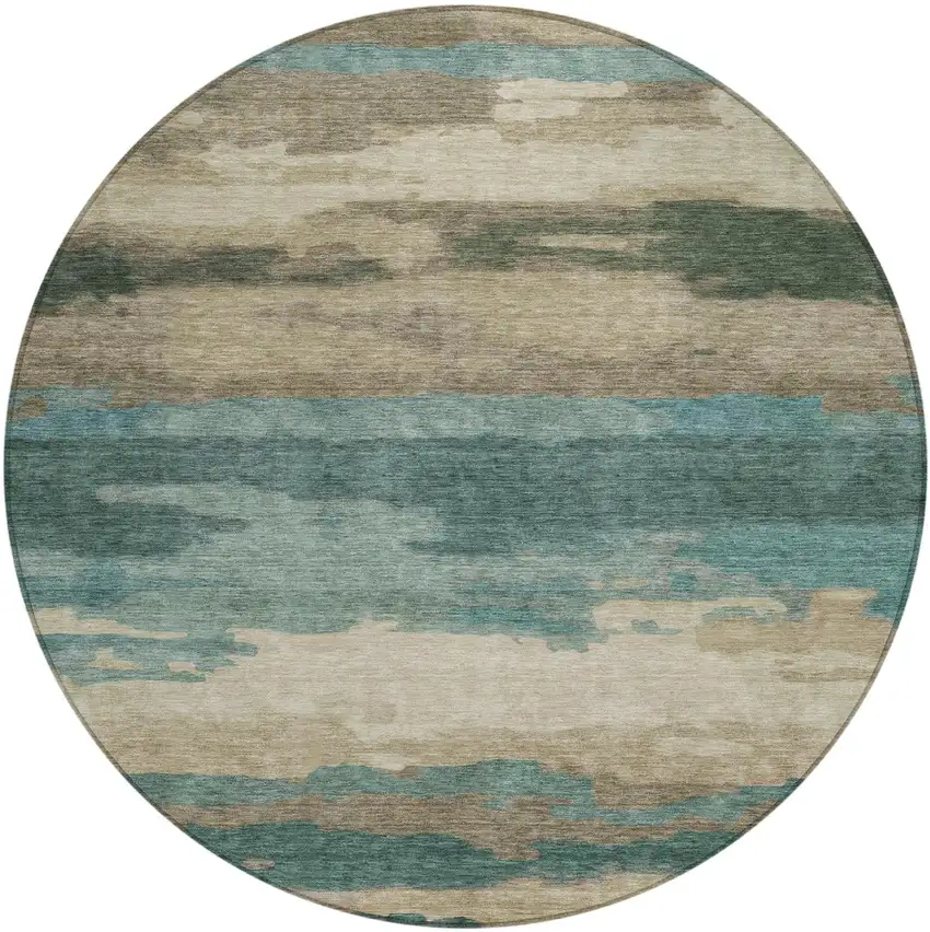 8' Teal Blue And Beige Round Abstract Washable Indoor Outdoor Area Rug Photo 1