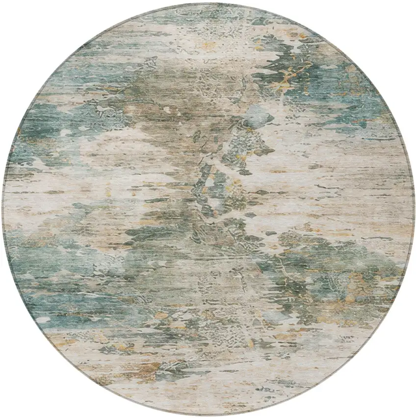 8' Teal Blue And Beige Round Abstract Washable Indoor Outdoor Area Rug Photo 2