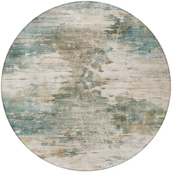 8' Teal Blue And Beige Round Abstract Washable Indoor Outdoor Area Rug Photo 2