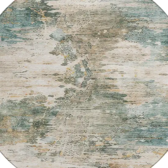 8' Teal Blue And Beige Round Abstract Washable Indoor Outdoor Area Rug Photo 7