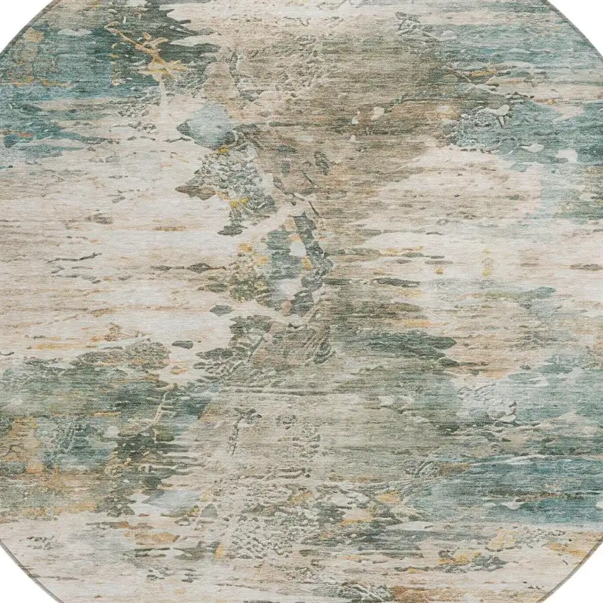8' Teal Blue And Beige Round Abstract Washable Indoor Outdoor Area Rug Photo 7