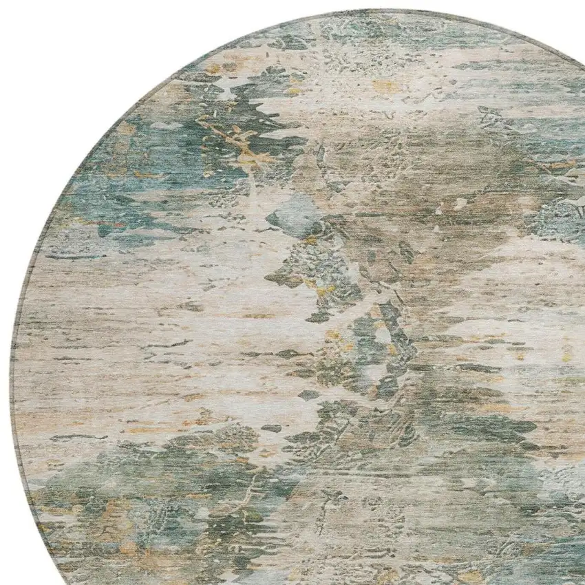 8' Teal Blue And Beige Round Abstract Washable Indoor Outdoor Area Rug Photo 8