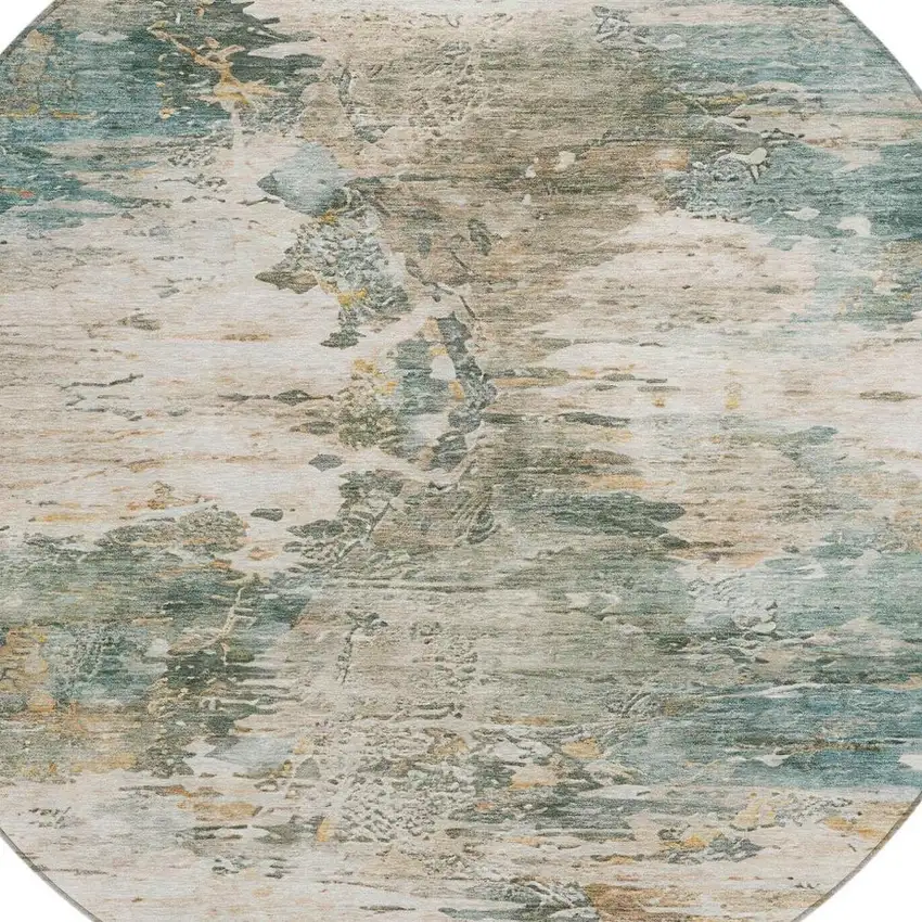 8' Teal Blue And Beige Round Abstract Washable Indoor Outdoor Area Rug Photo 6