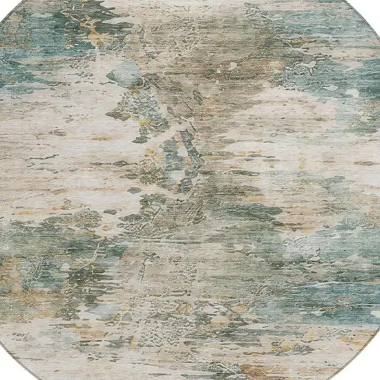 8' Teal Blue And Beige Round Abstract Washable Indoor Outdoor Area Rug Photo 6