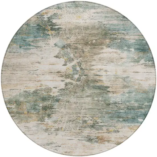 8' Teal Blue And Beige Round Abstract Washable Indoor Outdoor Area Rug Photo 3