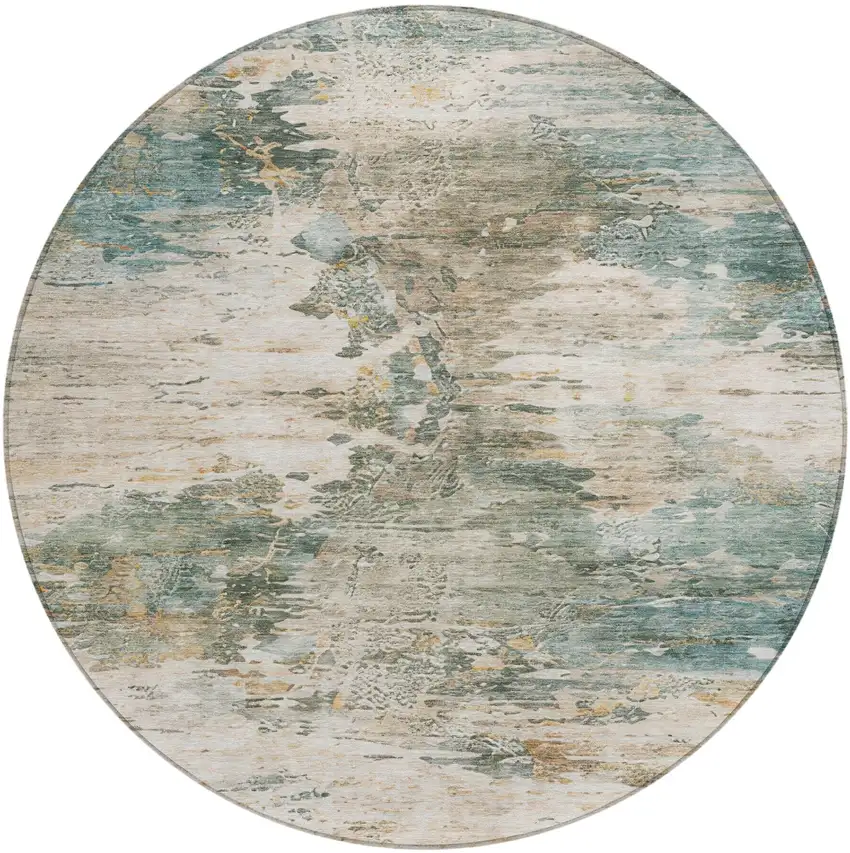 8' Teal Blue And Beige Round Abstract Washable Indoor Outdoor Area Rug Photo 3