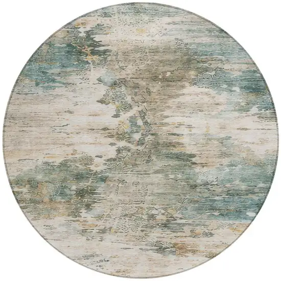 8' Teal Blue And Beige Round Abstract Washable Indoor Outdoor Area Rug Photo 5