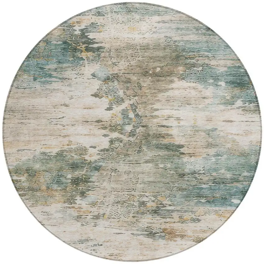 8' Teal Blue And Beige Round Abstract Washable Indoor Outdoor Area Rug Photo 5