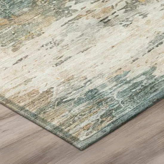 8' Teal Blue And Beige Round Abstract Washable Indoor Outdoor Area Rug Photo 4