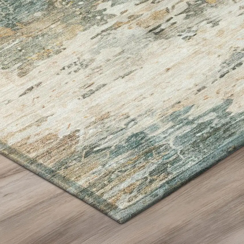8' Teal Blue And Beige Round Abstract Washable Indoor Outdoor Area Rug Photo 4