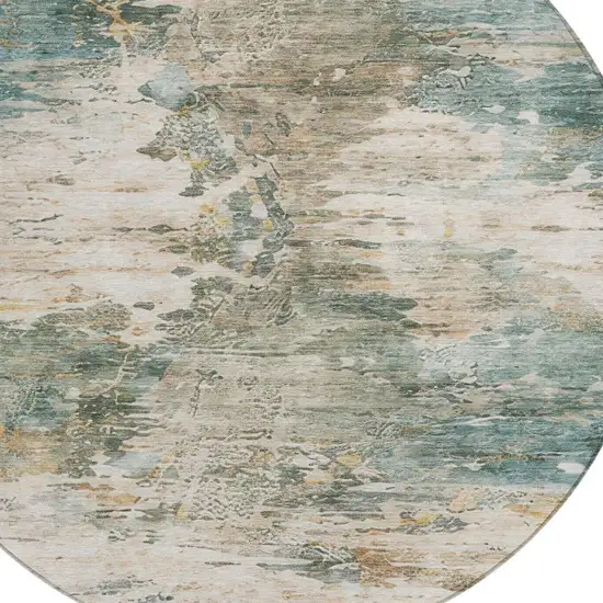 8' Teal Blue And Beige Round Abstract Washable Indoor Outdoor Area Rug Photo 1